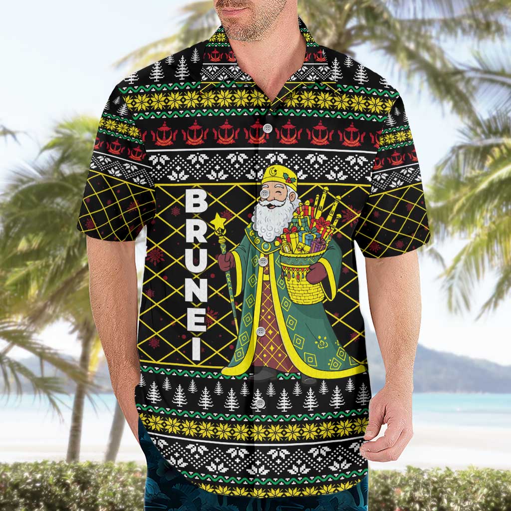 Brunei Christmas Hawaiian Shirt with Traditional Santa Gift Basket and Black Yellow Red Holiday Pattern - Wonder Print Shop