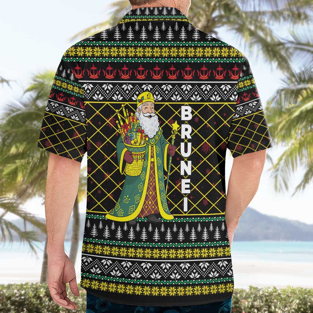 Brunei Christmas Hawaiian Shirt with Traditional Santa Gift Basket and Black Yellow Red Holiday Pattern - Wonder Print Shop