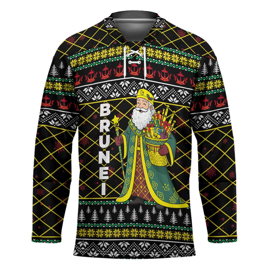 Brunei Christmas Hockey Jersey with Traditional Santa Gift Basket and Black Yellow Red Holiday Pattern - Wonder Print Shop