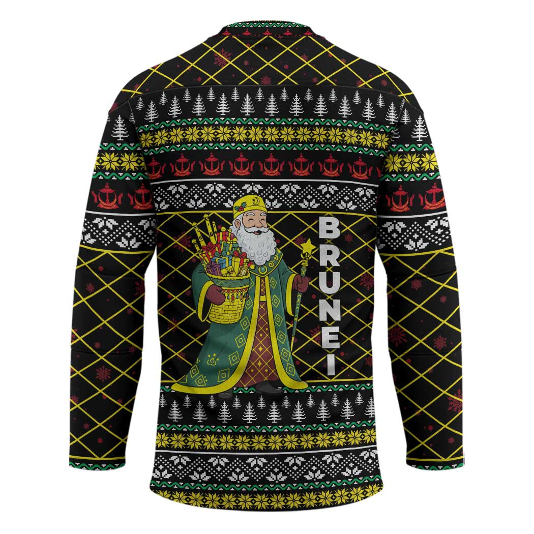 Brunei Christmas Hockey Jersey with Traditional Santa Gift Basket and Black Yellow Red Holiday Pattern - Wonder Print Shop
