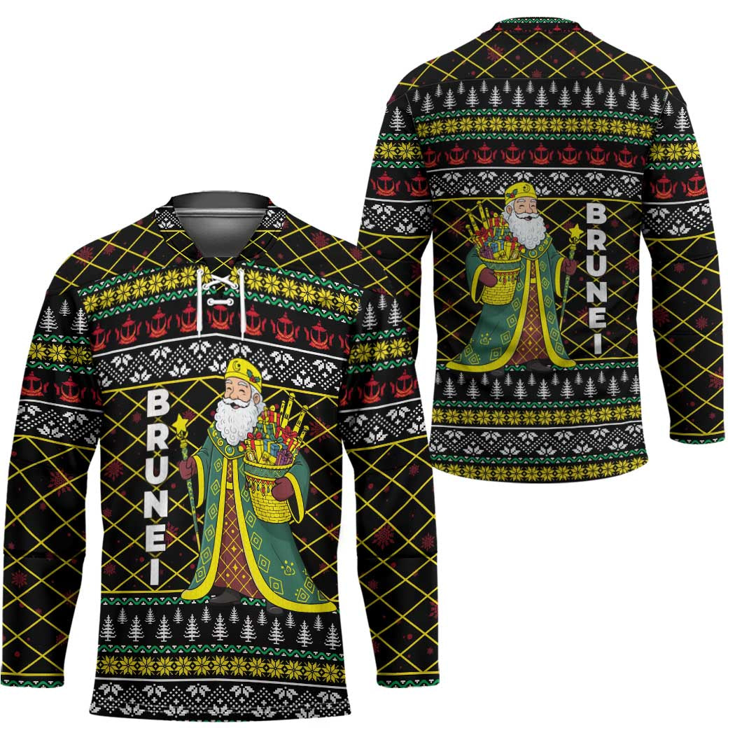 Brunei Christmas Hockey Jersey with Traditional Santa Gift Basket and Black Yellow Red Holiday Pattern - Wonder Print Shop