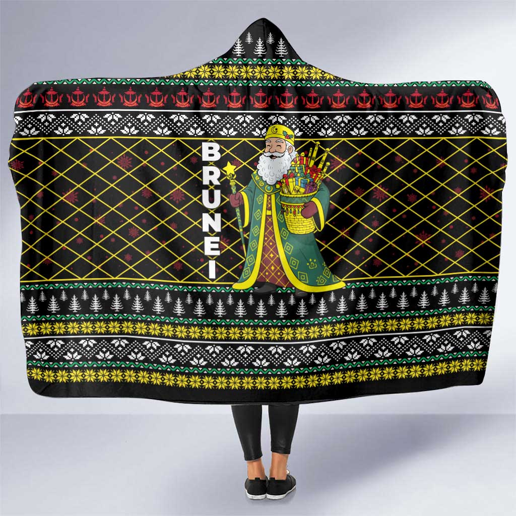 Brunei Christmas Hooded Blanket with Traditional Santa Gift Basket and Black Yellow Red Holiday Pattern - Wonder Print Shop