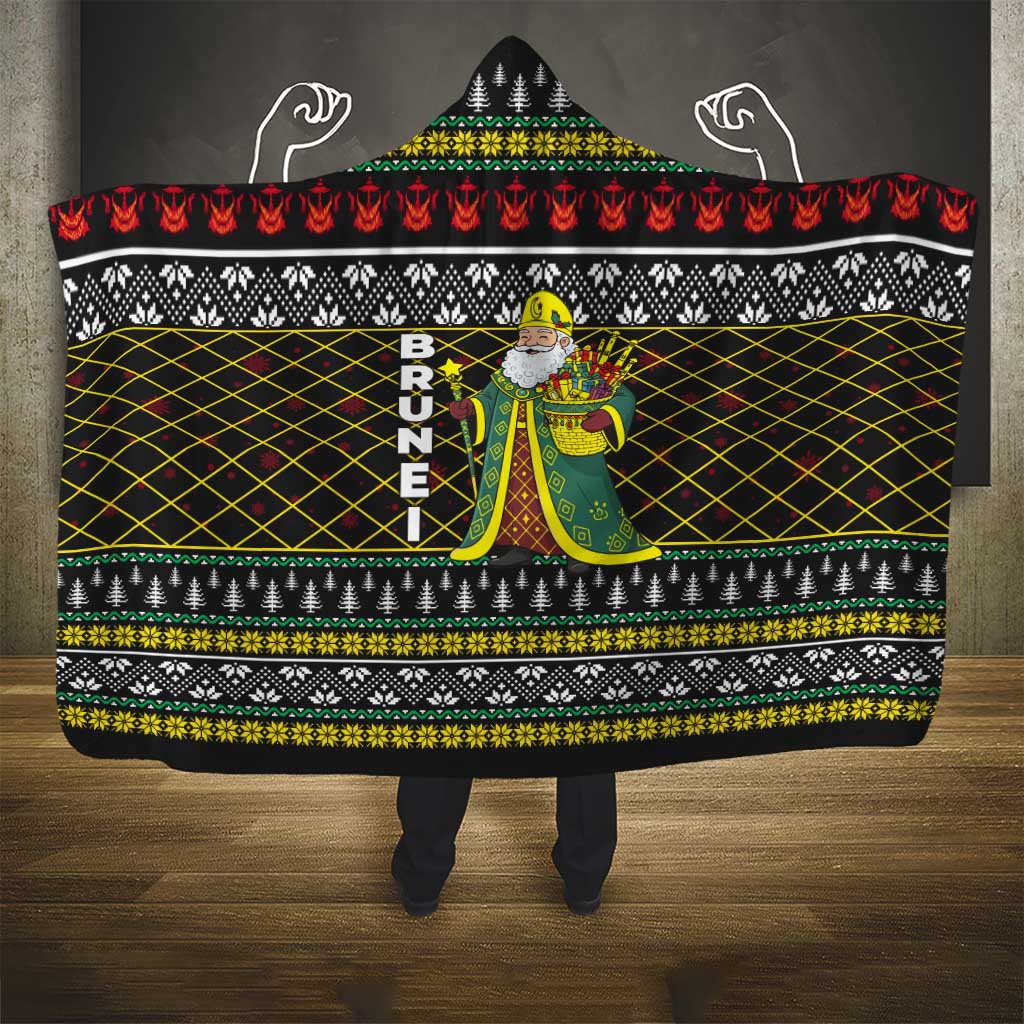 Brunei Christmas Hooded Blanket with Traditional Santa Gift Basket and Black Yellow Red Holiday Pattern - Wonder Print Shop