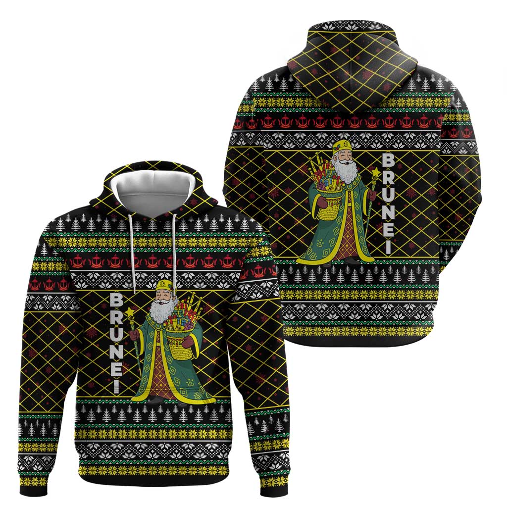 Brunei Christmas Hoodie with Traditional Santa Gift Basket and Black Yellow Red Holiday Pattern - Wonder Print Shop