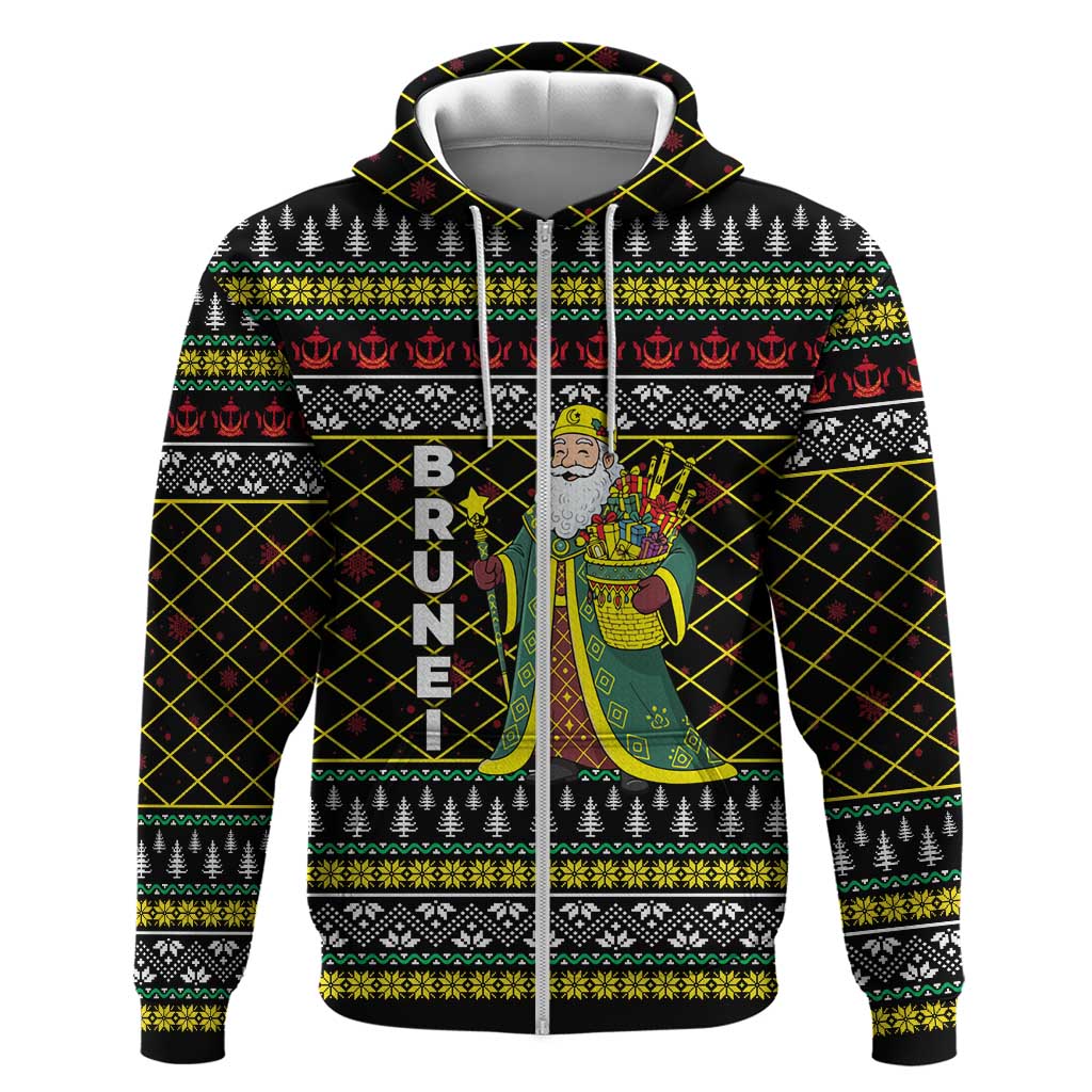 Brunei Christmas Hoodie with Traditional Santa Gift Basket and Black Yellow Red Holiday Pattern - Wonder Print Shop