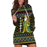 Brunei Christmas Hoodie Dress with Traditional Santa Gift Basket and Black Yellow Red Holiday Pattern - Wonder Print Shop