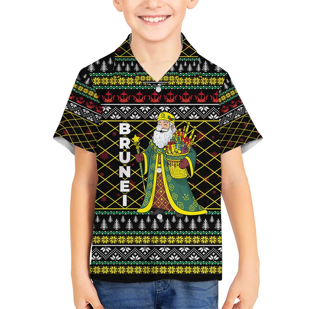 Brunei Christmas Kid Hawaiian Shirt with Traditional Santa Gift Basket and Black Yellow Red Holiday Pattern - Wonder Print Shop