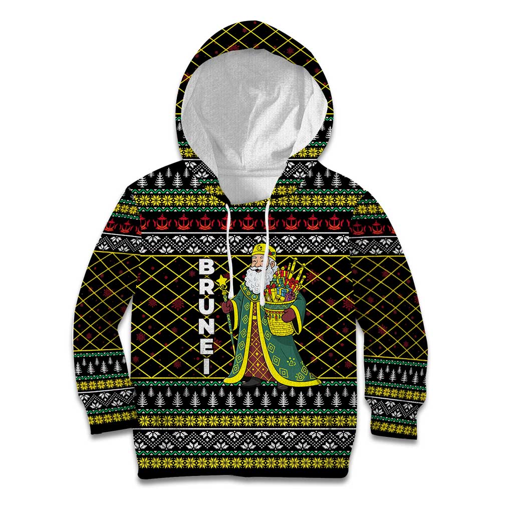 Brunei Christmas Kid Hoodie with Traditional Santa Gift Basket and Black Yellow Red Holiday Pattern - Wonder Print Shop
