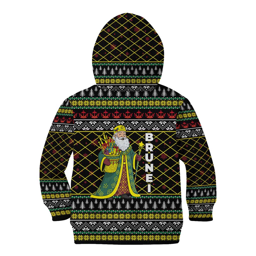 Brunei Christmas Kid Hoodie with Traditional Santa Gift Basket and Black Yellow Red Holiday Pattern - Wonder Print Shop