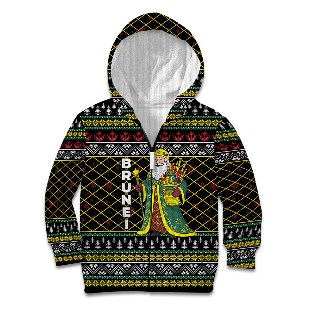 Brunei Christmas Kid Hoodie with Traditional Santa Gift Basket and Black Yellow Red Holiday Pattern - Wonder Print Shop