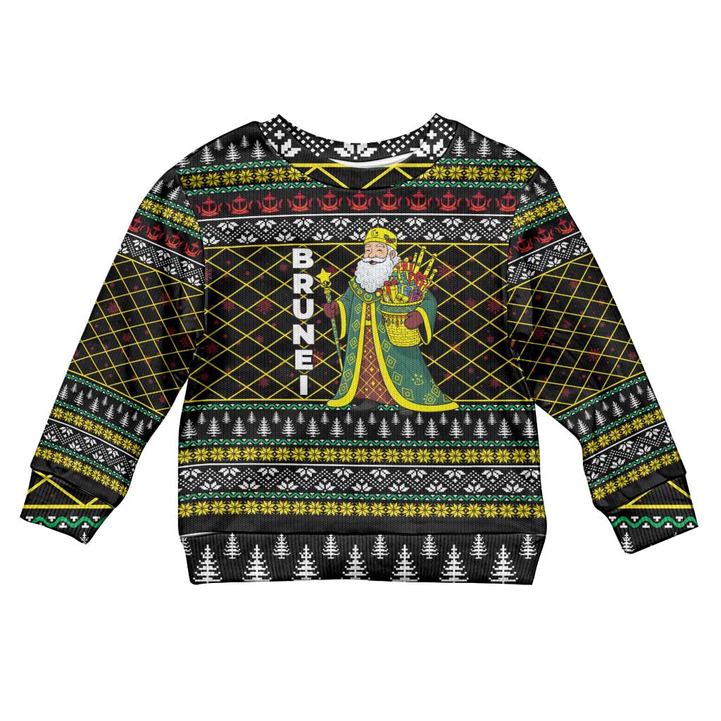 Brunei Christmas Kid Ugly Christmas Sweater with Traditional Santa Gift Basket and Black Yellow Red Holiday Pattern - Wonder Print Shop