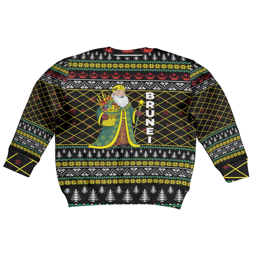 Brunei Christmas Kid Ugly Christmas Sweater with Traditional Santa Gift Basket and Black Yellow Red Holiday Pattern - Wonder Print Shop