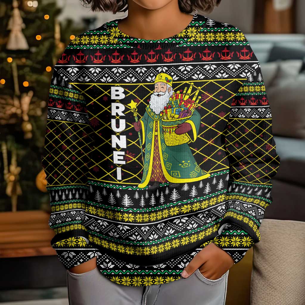 Brunei Christmas Kid Ugly Christmas Sweater with Traditional Santa Gift Basket and Black Yellow Red Holiday Pattern - Wonder Print Shop