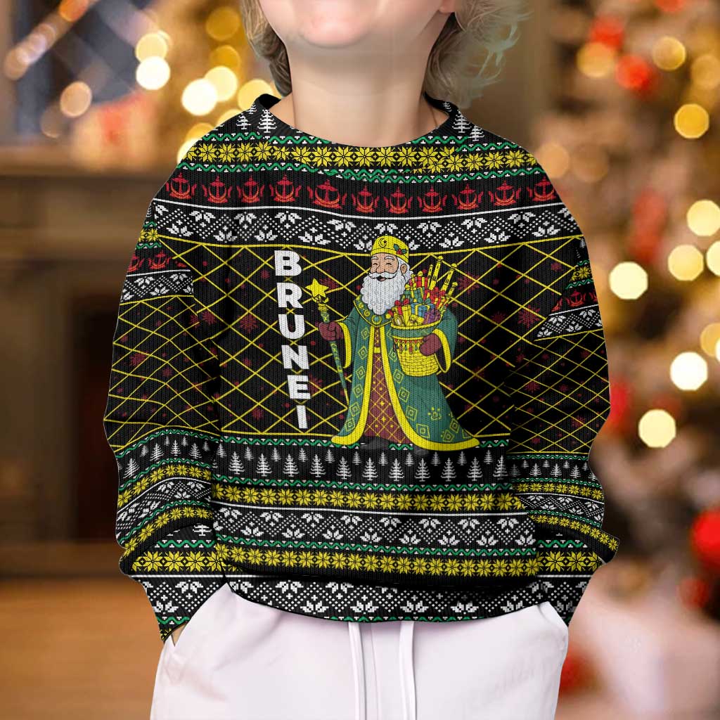 Brunei Christmas Kid Ugly Christmas Sweater with Traditional Santa Gift Basket and Black Yellow Red Holiday Pattern - Wonder Print Shop