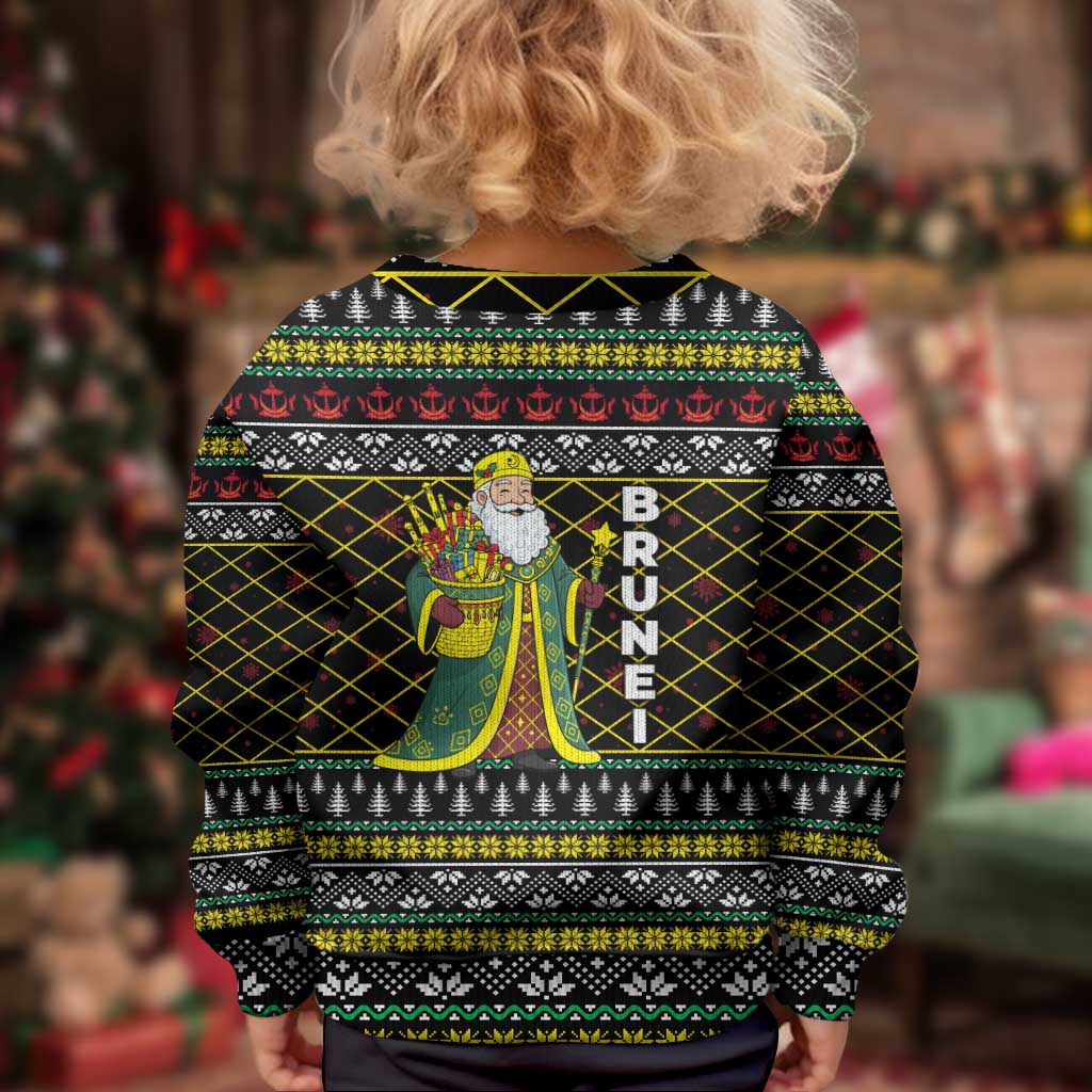 Brunei Christmas Kid Ugly Christmas Sweater with Traditional Santa Gift Basket and Black Yellow Red Holiday Pattern - Wonder Print Shop