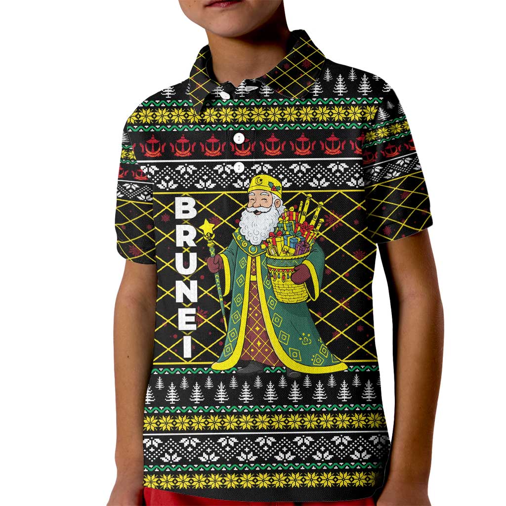 Brunei Christmas Kid Polo Shirt with Traditional Santa Gift Basket and Black Yellow Red Holiday Pattern - Wonder Print Shop