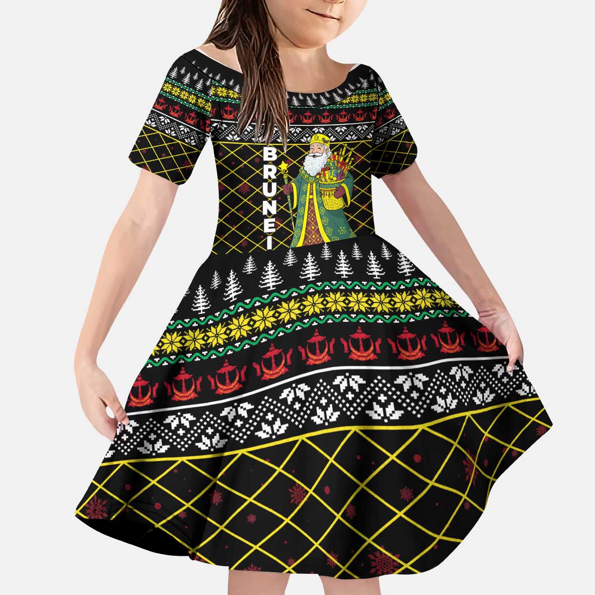 Brunei Christmas Kid Short Sleeve Dress with Traditional Santa Gift Basket and Black Yellow Red Holiday Pattern - Wonder Print Shop