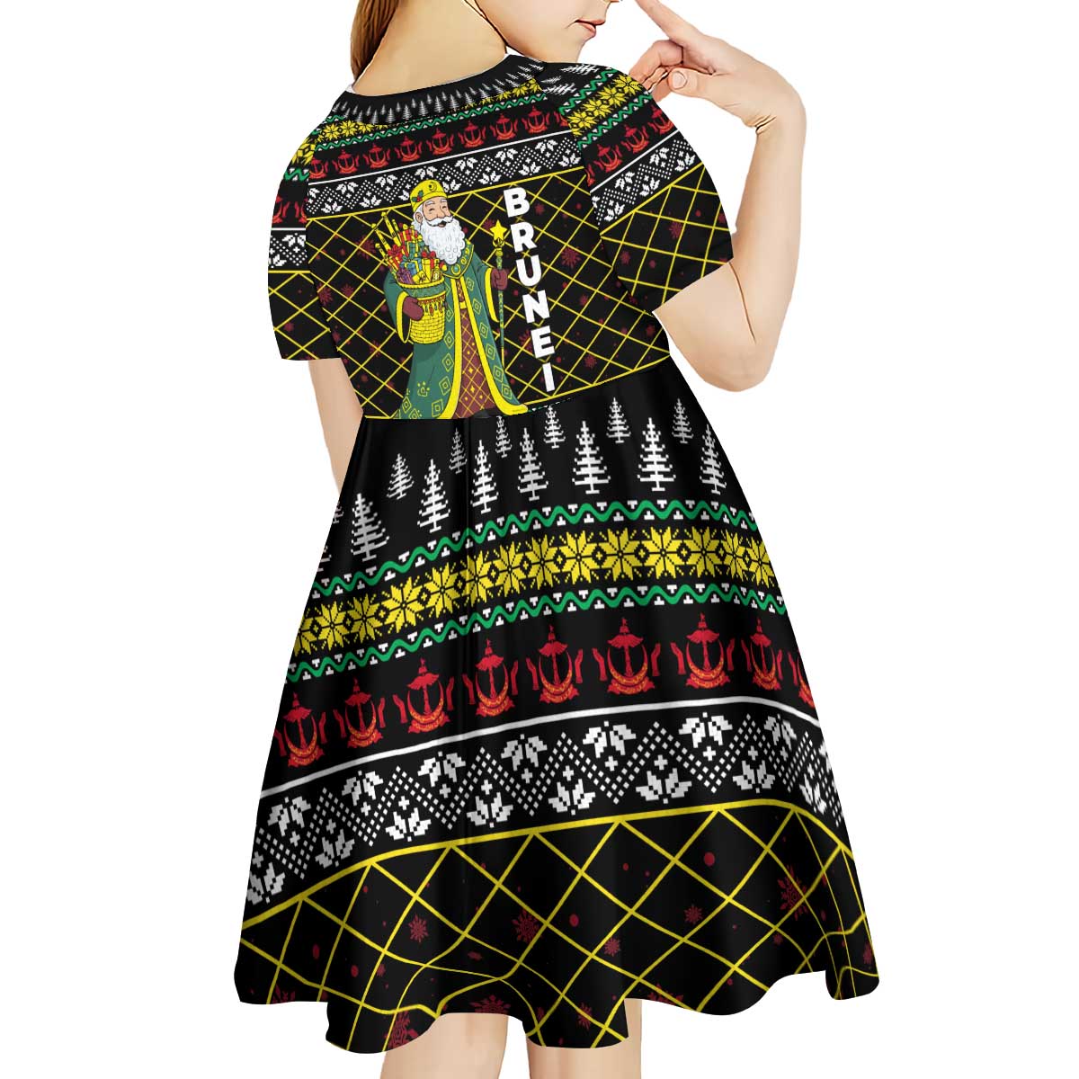 Brunei Christmas Kid Short Sleeve Dress with Traditional Santa Gift Basket and Black Yellow Red Holiday Pattern - Wonder Print Shop