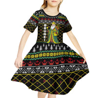 Brunei Christmas Kid Short Sleeve Dress with Traditional Santa Gift Basket and Black Yellow Red Holiday Pattern - Wonder Print Shop