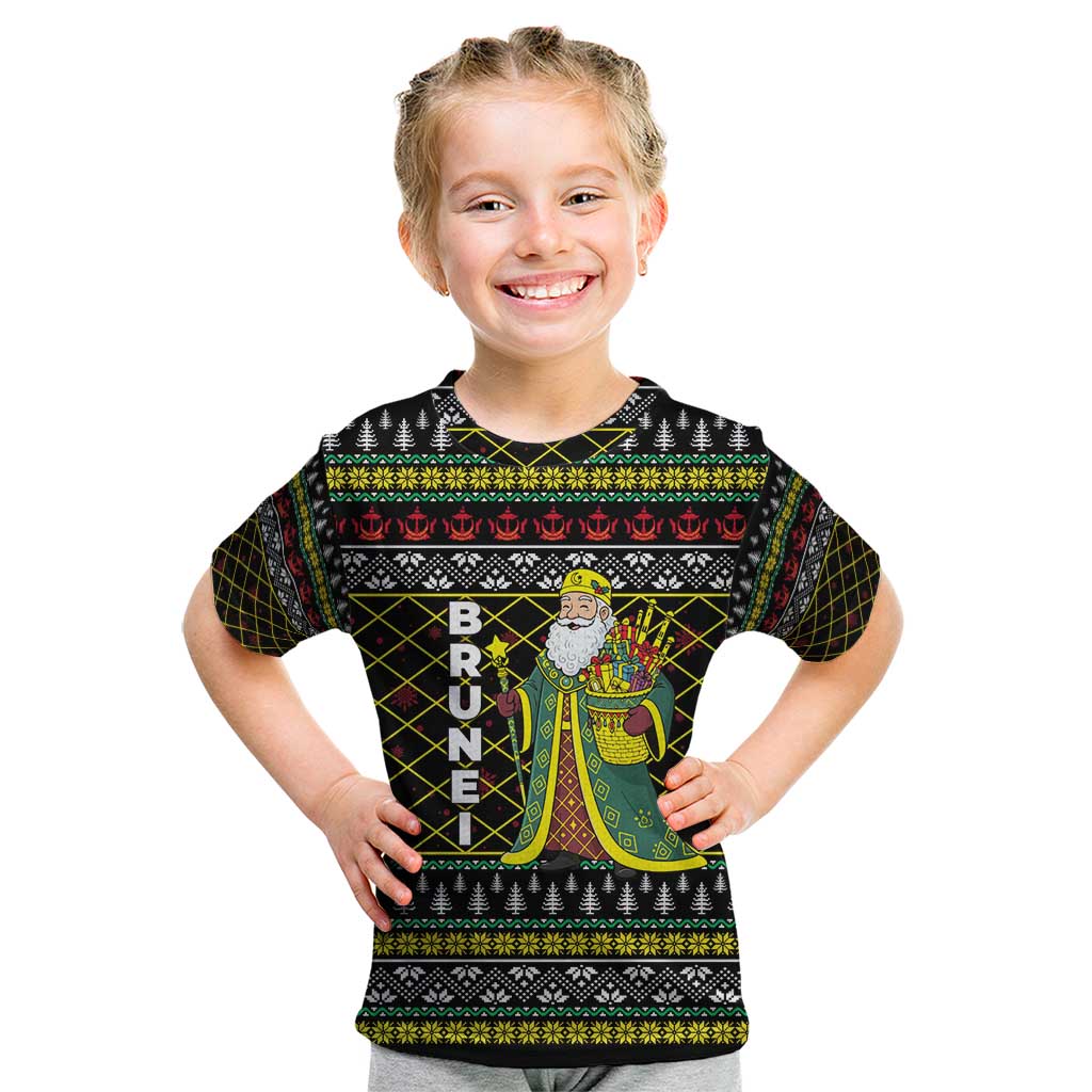 Brunei Christmas Kid T Shirt with Traditional Santa Gift Basket and Black Yellow Red Holiday Pattern - Wonder Print Shop
