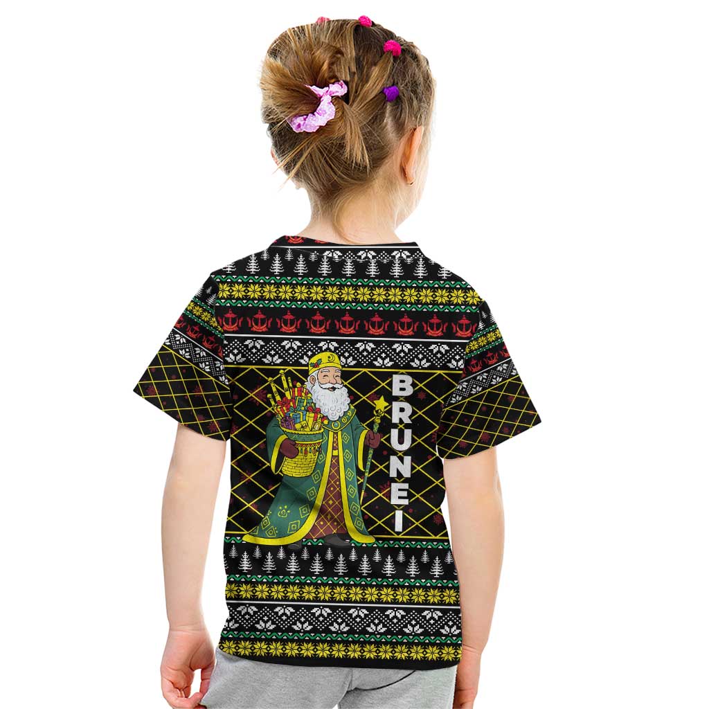 Brunei Christmas Kid T Shirt with Traditional Santa Gift Basket and Black Yellow Red Holiday Pattern - Wonder Print Shop