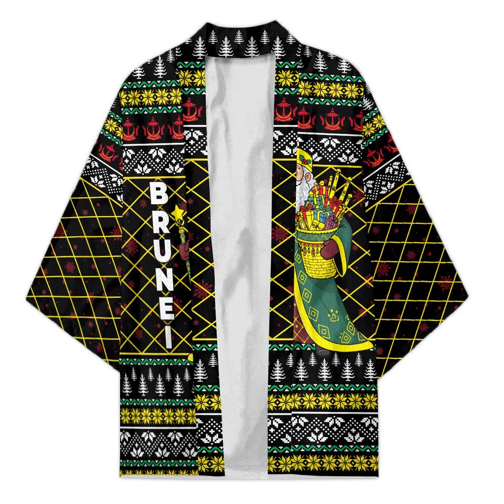 Brunei Christmas Kimono with Traditional Santa Gift Basket and Black Yellow Red Holiday Pattern - Wonder Print Shop