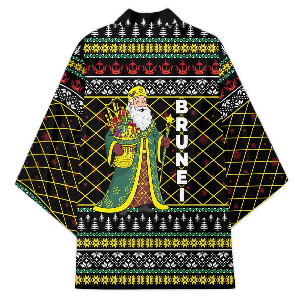 Brunei Christmas Kimono with Traditional Santa Gift Basket and Black Yellow Red Holiday Pattern - Wonder Print Shop