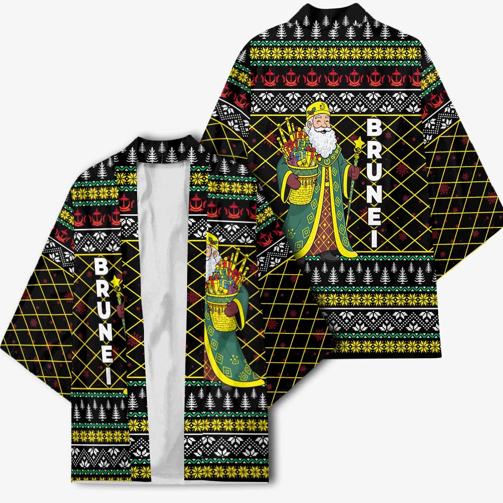 Brunei Christmas Kimono with Traditional Santa Gift Basket and Black Yellow Red Holiday Pattern - Wonder Print Shop