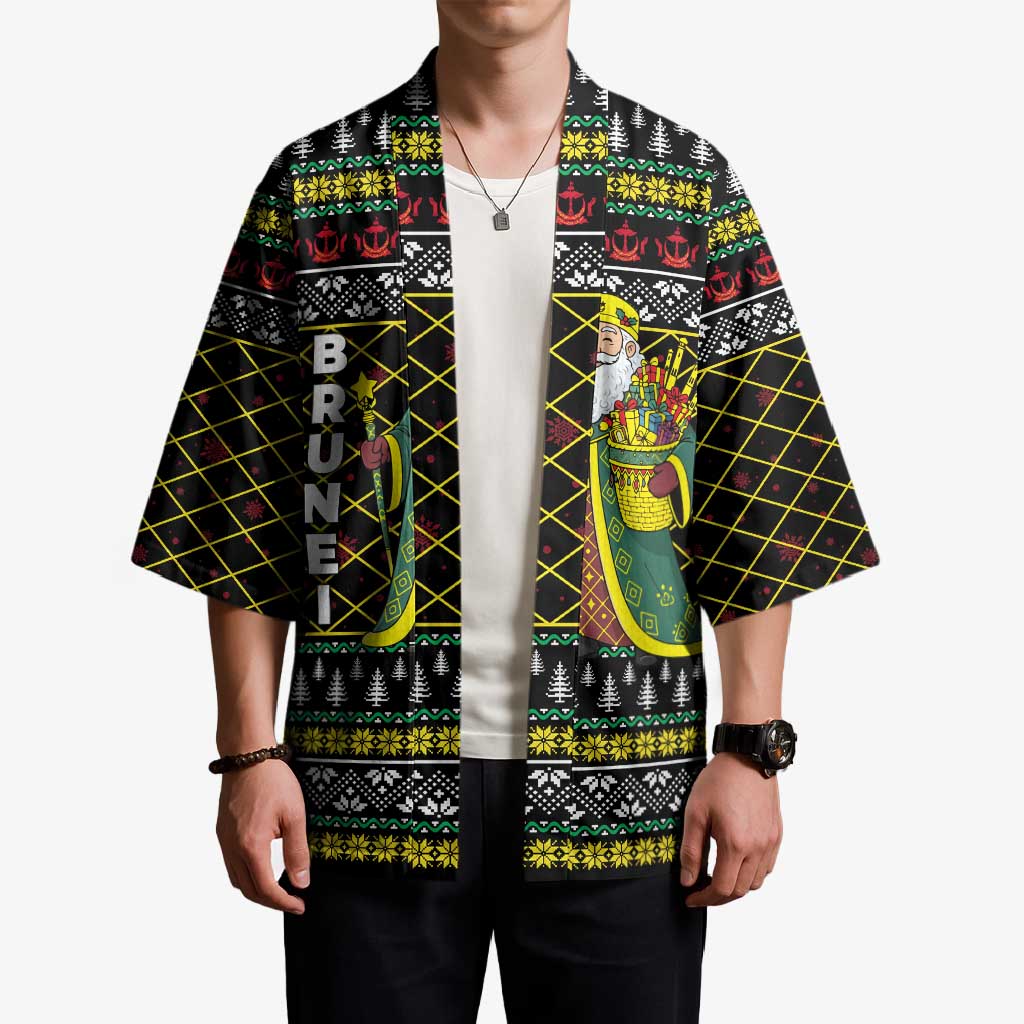 Brunei Christmas Kimono with Traditional Santa Gift Basket and Black Yellow Red Holiday Pattern - Wonder Print Shop