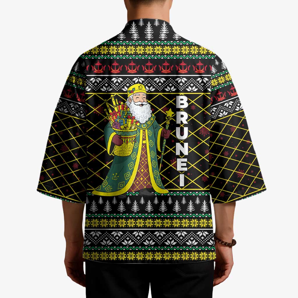 Brunei Christmas Kimono with Traditional Santa Gift Basket and Black Yellow Red Holiday Pattern - Wonder Print Shop