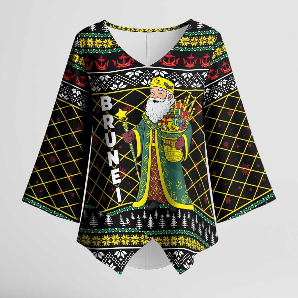 Brunei Christmas Kimono Sleeve Blouse with Traditional Santa Gift Basket and Black Yellow Red Holiday Pattern - Wonder Print Shop