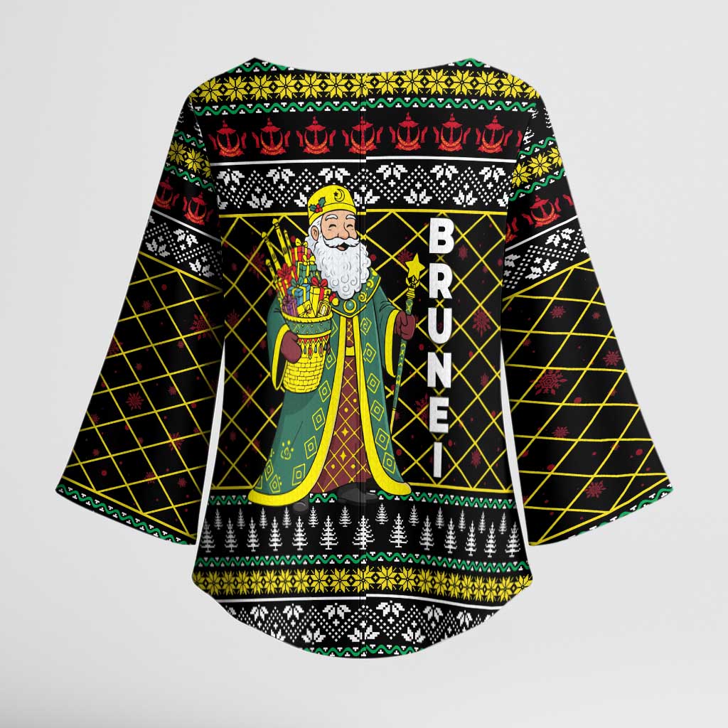 Brunei Christmas Kimono Sleeve Blouse with Traditional Santa Gift Basket and Black Yellow Red Holiday Pattern - Wonder Print Shop