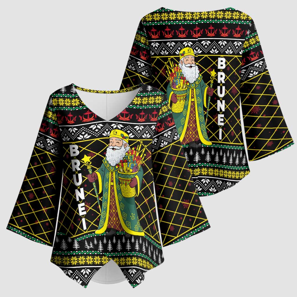 Brunei Christmas Kimono Sleeve Blouse with Traditional Santa Gift Basket and Black Yellow Red Holiday Pattern - Wonder Print Shop