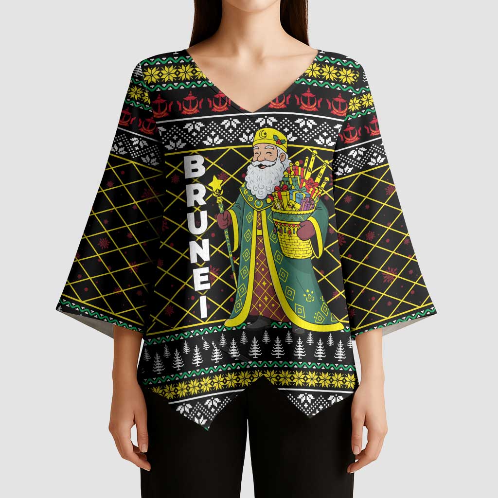 Brunei Christmas Kimono Sleeve Blouse with Traditional Santa Gift Basket and Black Yellow Red Holiday Pattern - Wonder Print Shop