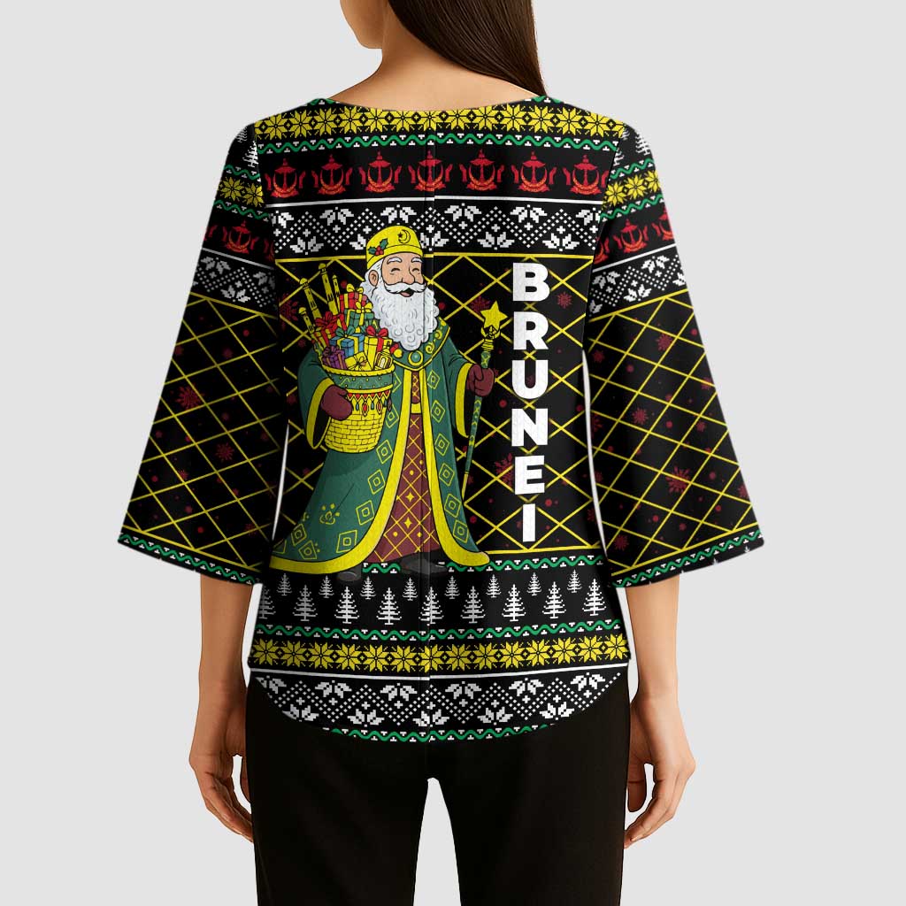 Brunei Christmas Kimono Sleeve Blouse with Traditional Santa Gift Basket and Black Yellow Red Holiday Pattern - Wonder Print Shop