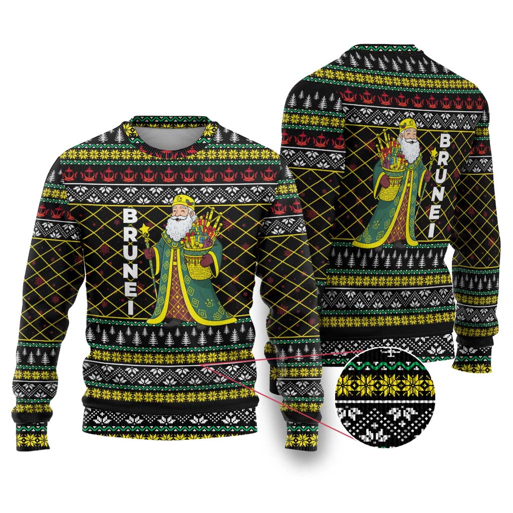Brunei Christmas Ugly Christmas Sweater with Traditional Santa Gift Basket and Black Yellow Red Holiday Pattern - Wonder Print Shop
