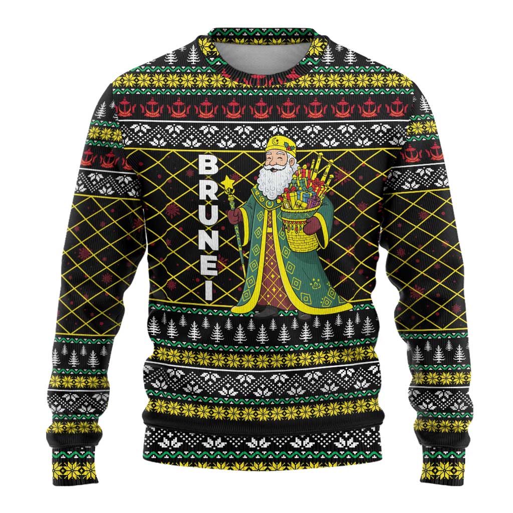 Brunei Christmas Ugly Christmas Sweater with Traditional Santa Gift Basket and Black Yellow Red Holiday Pattern - Wonder Print Shop