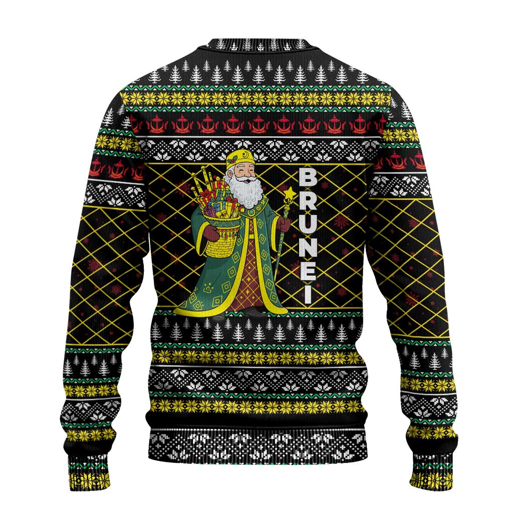 Brunei Christmas Ugly Christmas Sweater with Traditional Santa Gift Basket and Black Yellow Red Holiday Pattern - Wonder Print Shop