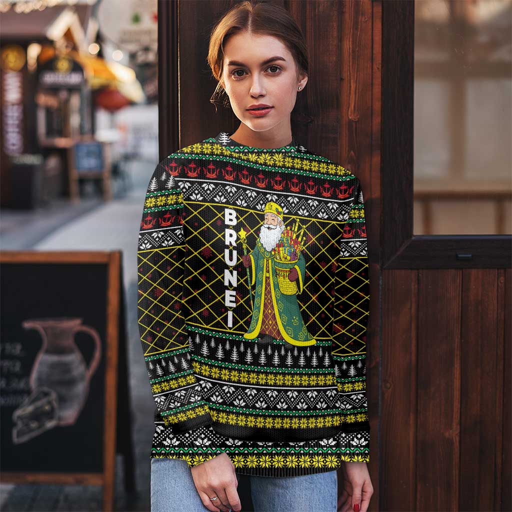 Brunei Christmas Ugly Christmas Sweater with Traditional Santa Gift Basket and Black Yellow Red Holiday Pattern - Wonder Print Shop