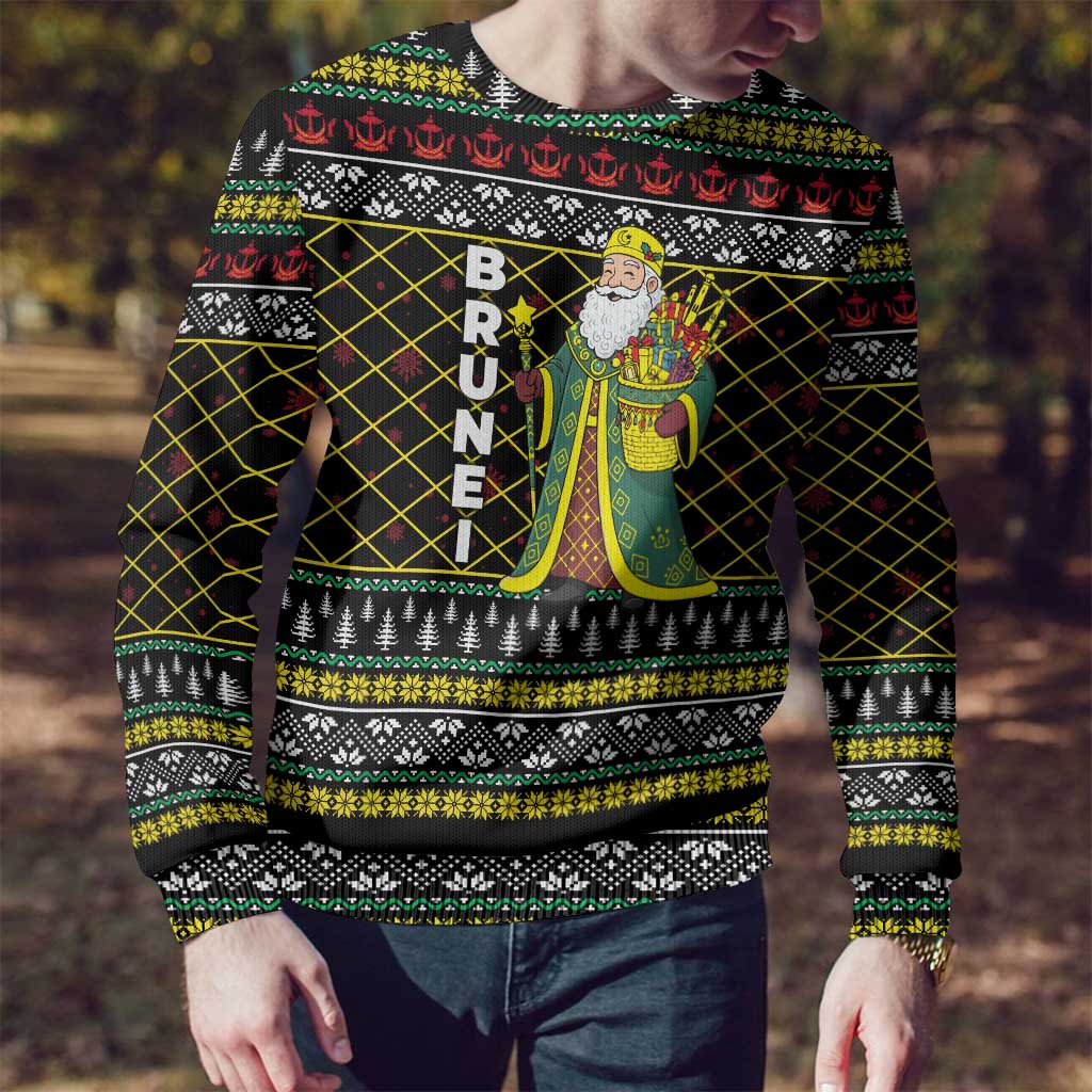Brunei Christmas Ugly Christmas Sweater with Traditional Santa Gift Basket and Black Yellow Red Holiday Pattern - Wonder Print Shop