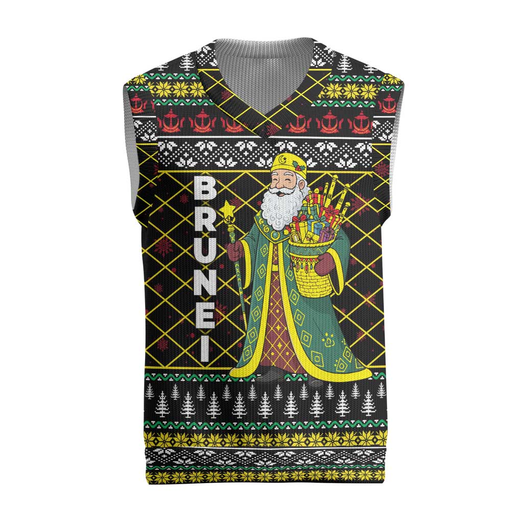 Brunei Christmas Knitted V-Neck Vest with Traditional Santa Gift Basket and Black Yellow Red Holiday Pattern - Wonder Print Shop