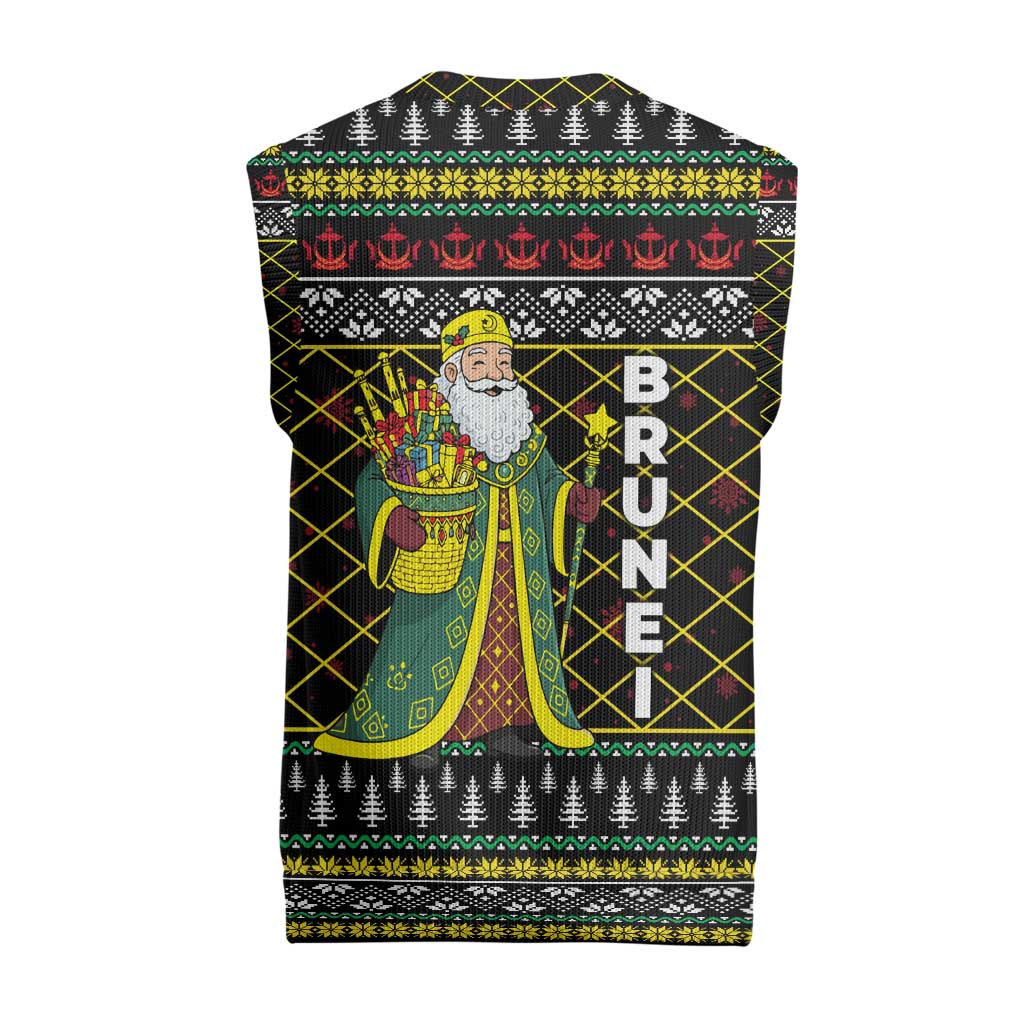 Brunei Christmas Knitted V-Neck Vest with Traditional Santa Gift Basket and Black Yellow Red Holiday Pattern - Wonder Print Shop