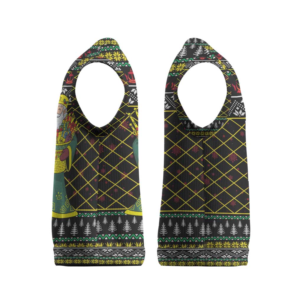 Brunei Christmas Knitted V-Neck Vest with Traditional Santa Gift Basket and Black Yellow Red Holiday Pattern - Wonder Print Shop