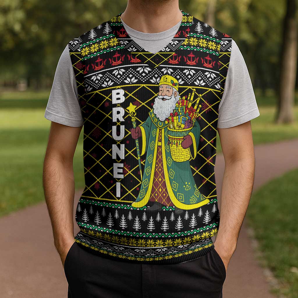 Brunei Christmas Knitted V-Neck Vest with Traditional Santa Gift Basket and Black Yellow Red Holiday Pattern - Wonder Print Shop
