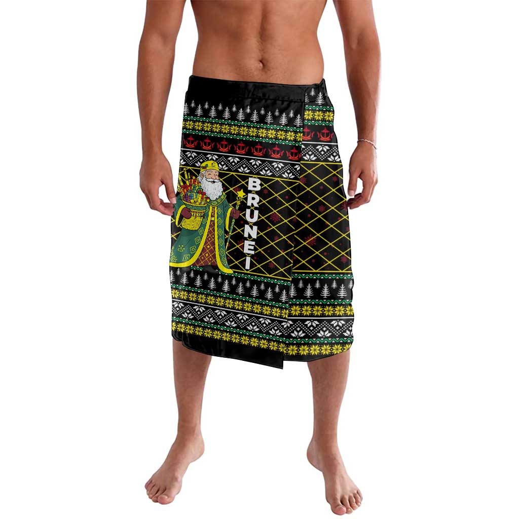 Brunei Christmas Lavalava with Traditional Santa Gift Basket and Black Yellow Red Holiday Pattern - Wonder Print Shop