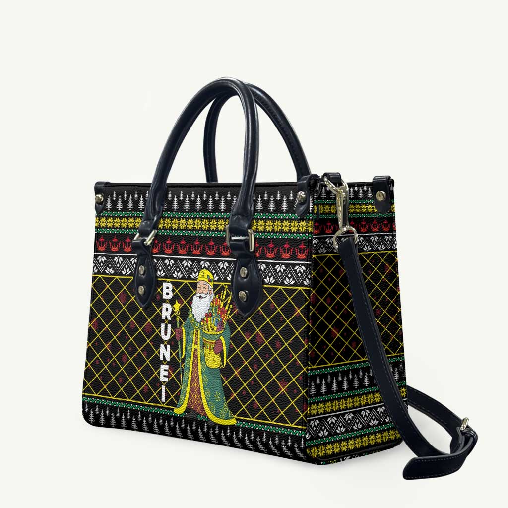Brunei Christmas Leather Bag with Traditional Santa Gift Basket and Black Yellow Red Holiday Pattern - Wonder Print Shop