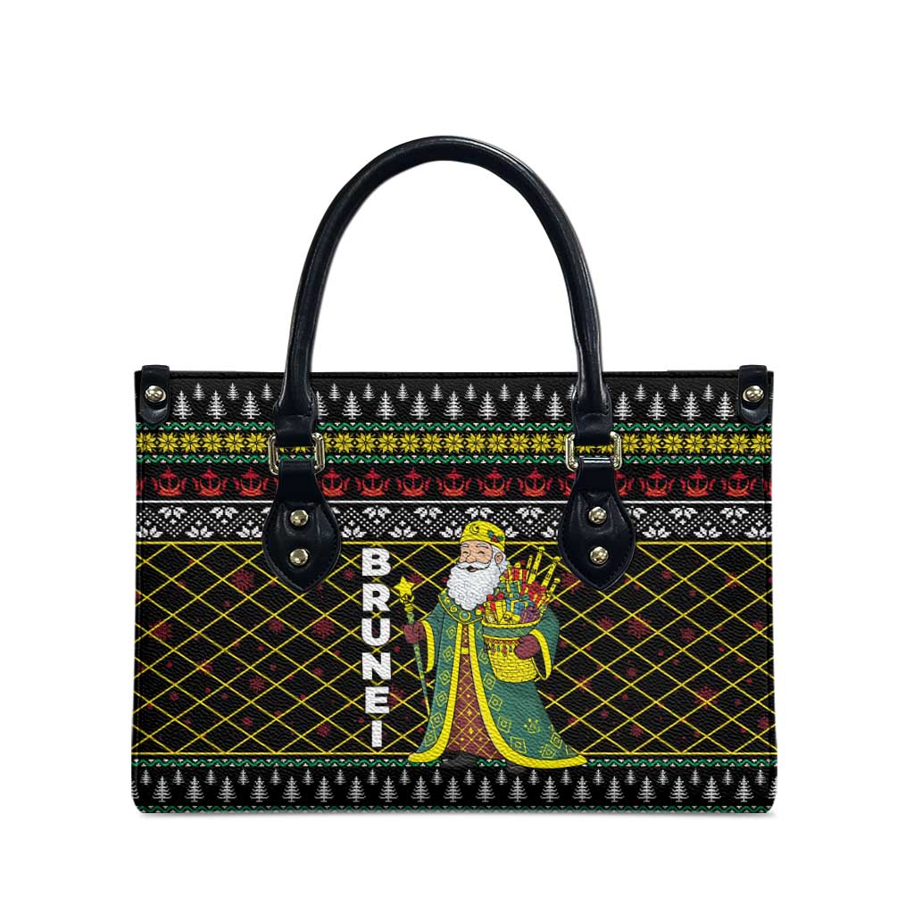 Brunei Christmas Leather Bag with Traditional Santa Gift Basket and Black Yellow Red Holiday Pattern - Wonder Print Shop