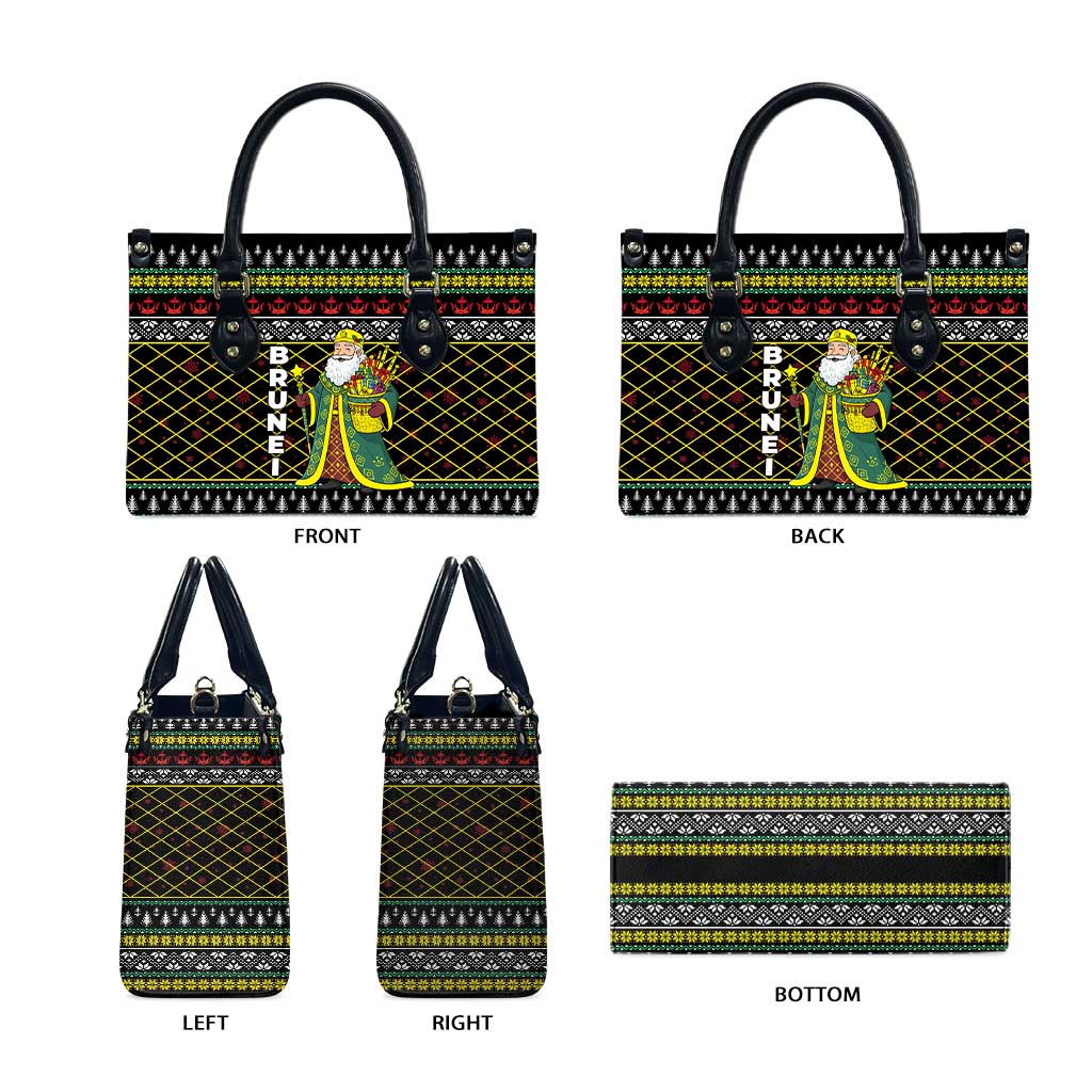 Brunei Christmas Leather Bag with Traditional Santa Gift Basket and Black Yellow Red Holiday Pattern - Wonder Print Shop