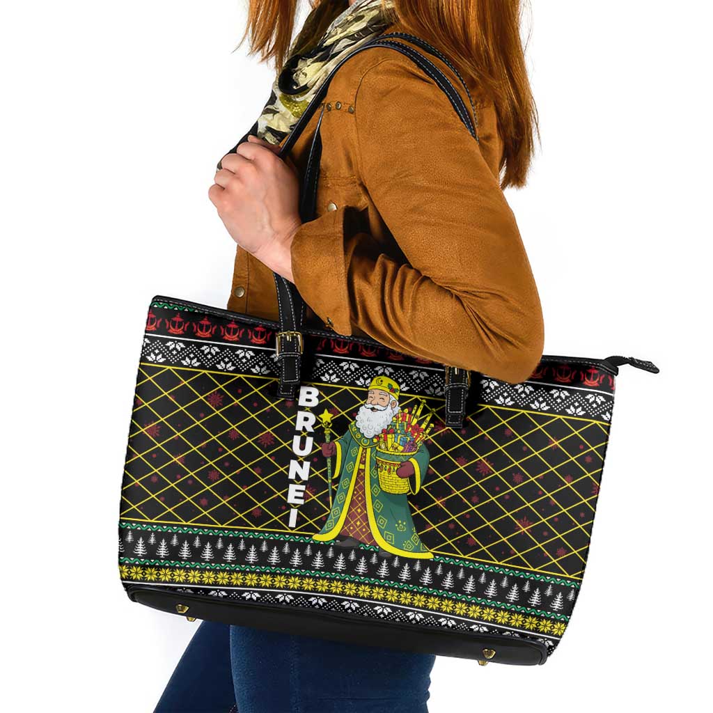 Brunei Christmas Leather Tote Bag with Traditional Santa Gift Basket and Black Yellow Red Holiday Pattern - Wonder Print Shop