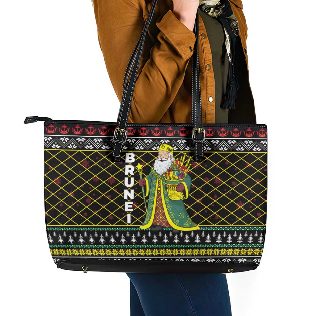 Brunei Christmas Leather Tote Bag with Traditional Santa Gift Basket and Black Yellow Red Holiday Pattern - Wonder Print Shop